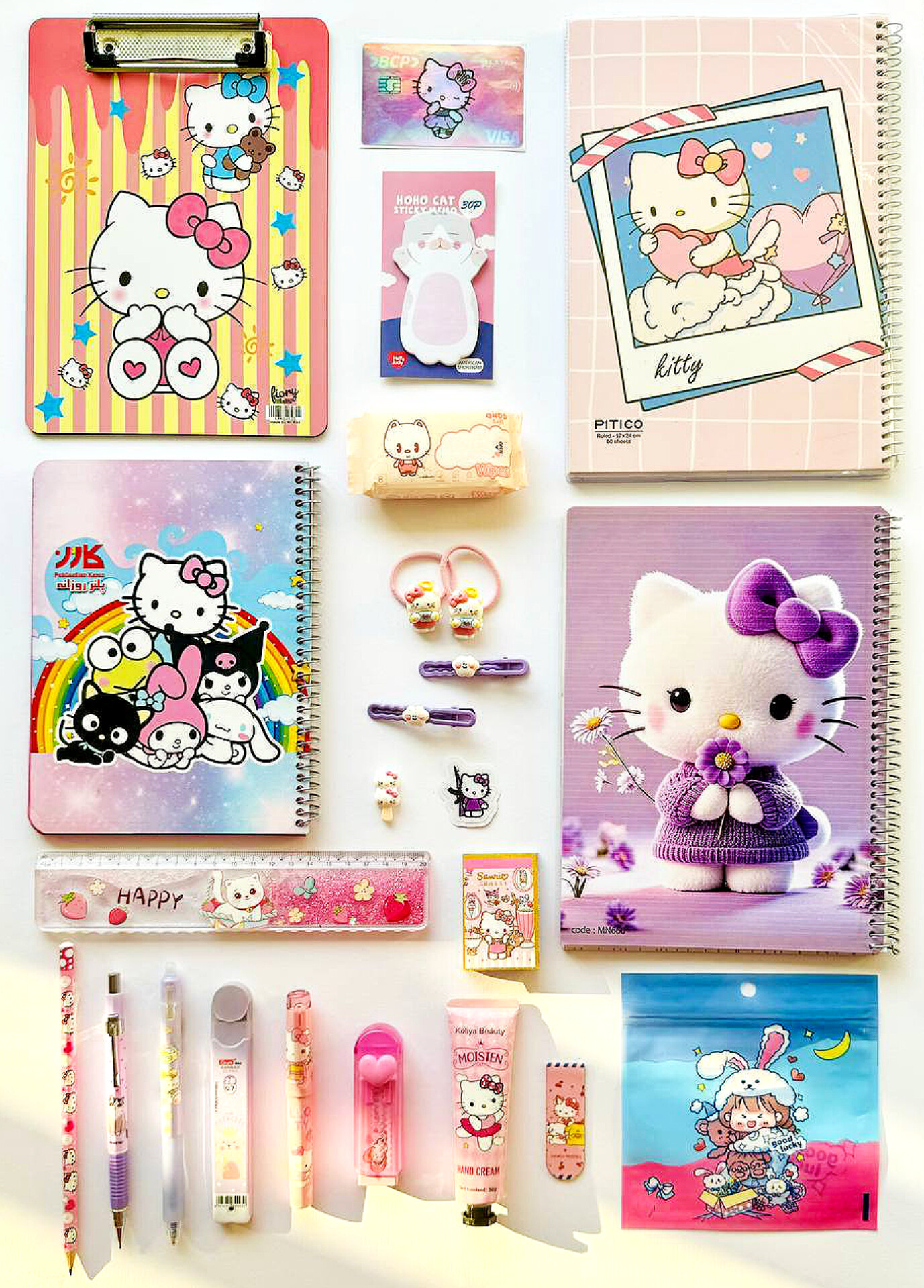 پک لوازم تحریر و اکسسوری فانتزی طرح Hello Kitty شامل دفتر، پلنر، اتود، هایلایتر، استیکر و گیره سر کد ۱۹۹