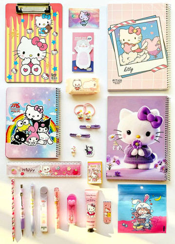 پک لوازم تحریر و اکسسوری فانتزی طرح Hello Kitty شامل دفتر، پلنر، اتود، هایلایتر، استیکر و گیره سر کد ۱۹۹