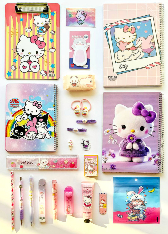 پک لوازم تحریر و اکسسوری فانتزی طرح Hello Kitty شامل دفتر، پلنر، اتود، هایلایتر، استیکر و گیره سر کد ۱۹۹